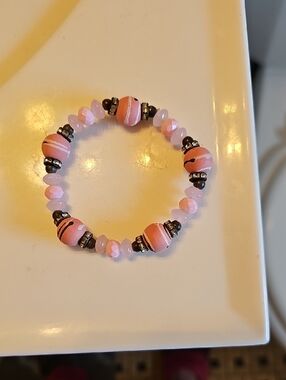 Pink Beaded Stretch Bracelet with Striped Accent Beads